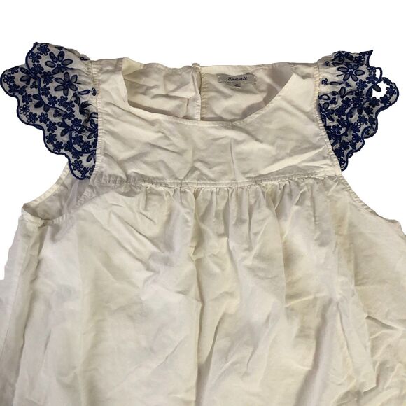 Madewell Womens Blouse White Blue Floral Scoop Embroidered Eyelets Size 12 - Picture 13 of 16